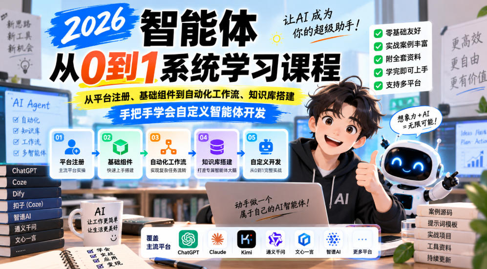 2026智能体从0到1系统学习课程，从平台注册、基础组件到自动化工作流、知识库搭建，手把手学会自定义智能体开发 - 福创网