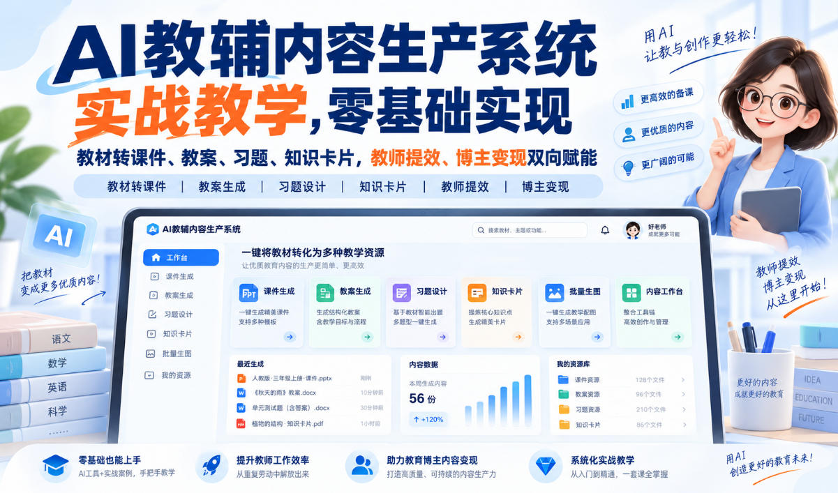 AI教辅内容生产系统实战教学，零基础实现教材转课件、教案、习题、知识卡片，教师提效、博主变现双向赋能 - 福创网