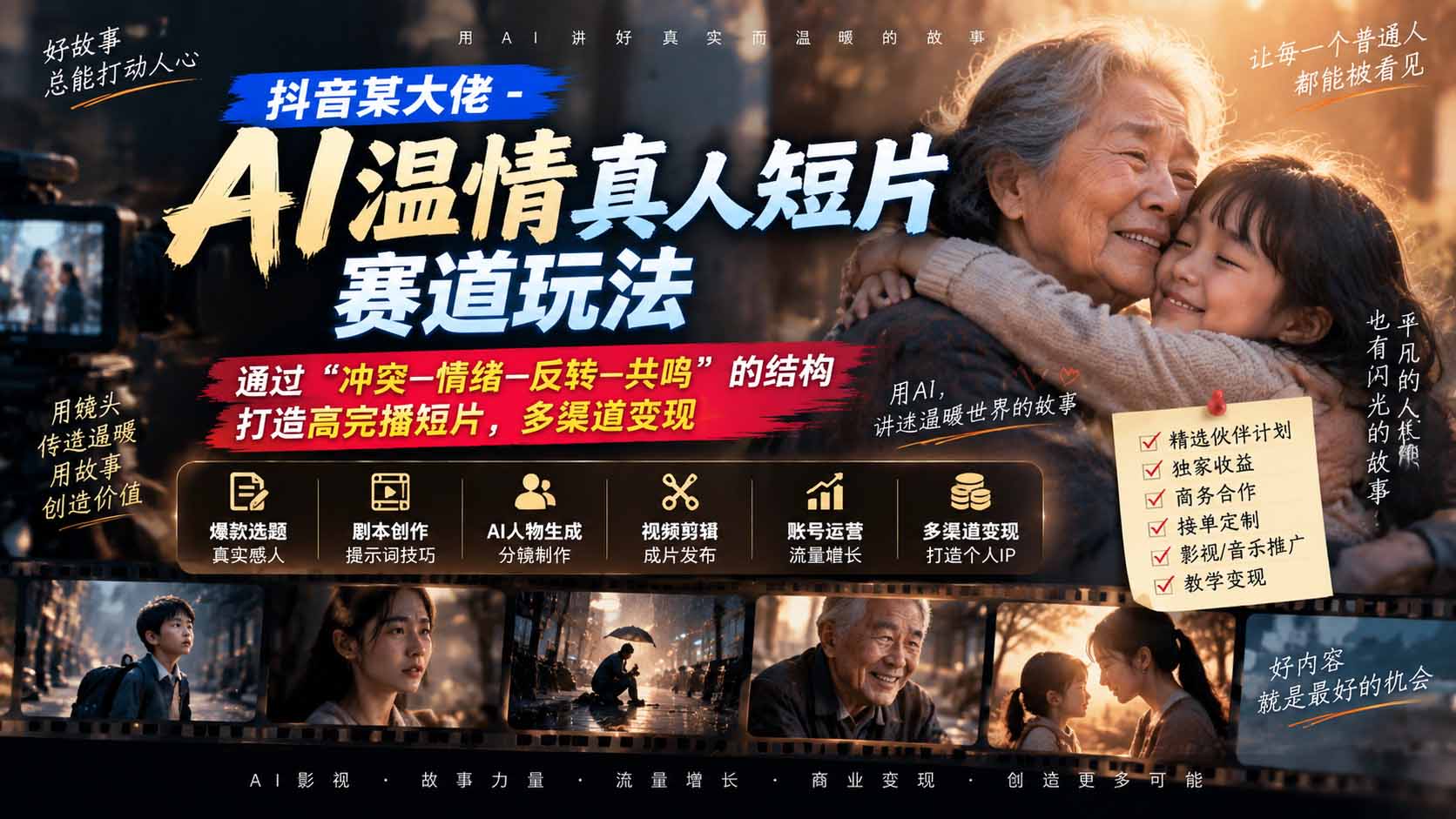 抖音某大佬-AI温情真人短片赛道玩法：通过“冲突—情绪—反转—共鸣”的结构打造高完播短片，多渠道变现 - 福创网