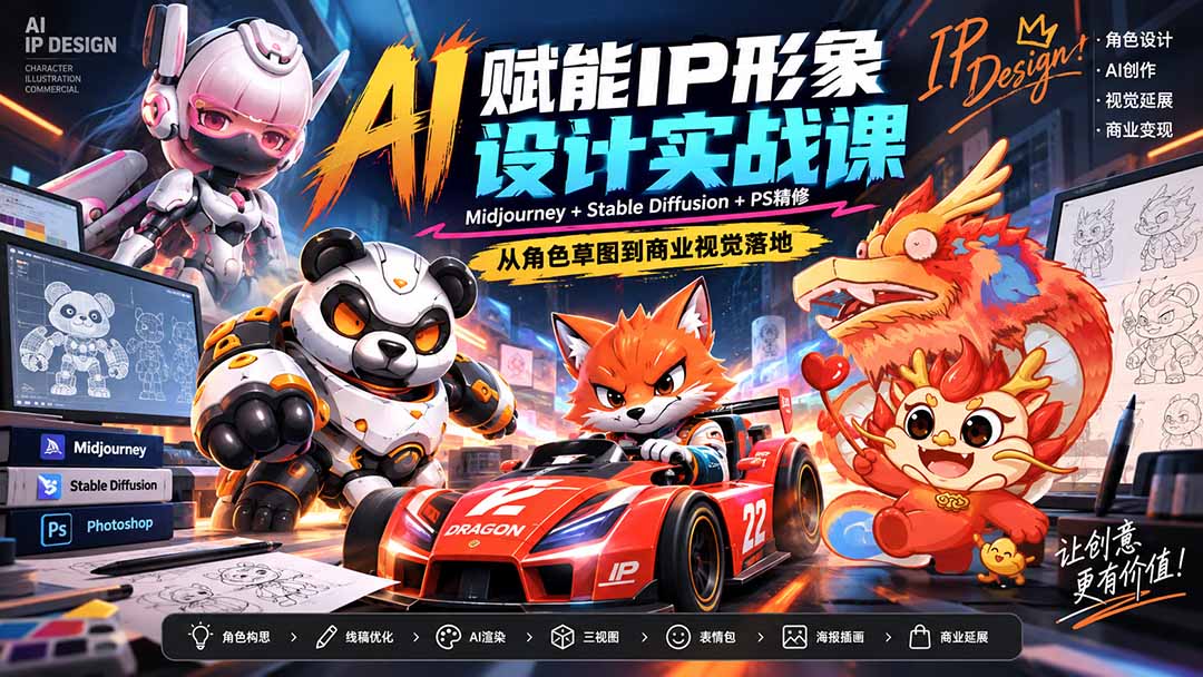 AI赋能IP形象设计实战课-无水印：Midjourney+Stable Diffusion+PS精修，从角色草图到商业视觉落地 - 福创网