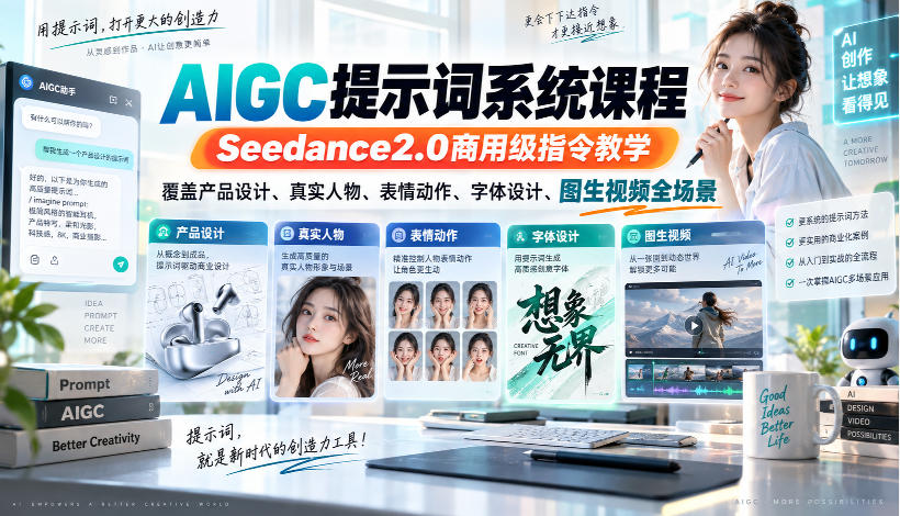 AIGC提示词系统课程，Seedance2.0商用级指令教学，覆盖产品设计、真实人物、表情动作、字体设计、图生视频全场景 - 福创网
