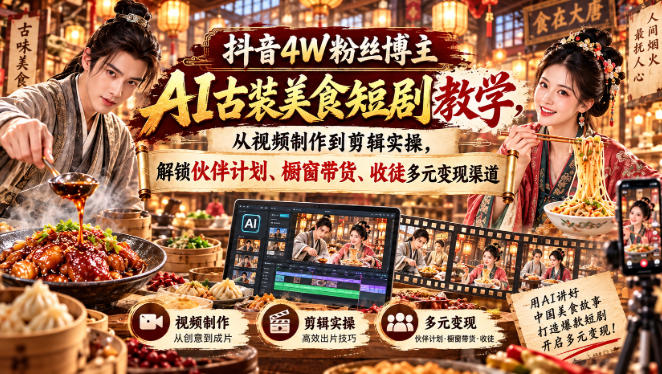 抖音4W粉丝博主AI古装美食短剧教学，从视频制作到剪辑实操，解锁伙伴计划、橱窗带货、收徒多元变现渠道 - 福创网