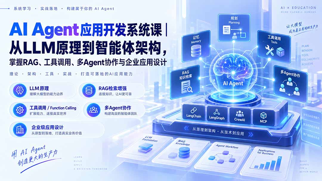 AI Agent应用开发系统课-179节｜从LLM原理到智能体架构，掌握RAG、工具调用、多Agent协作与企业应用设计 - 福创网