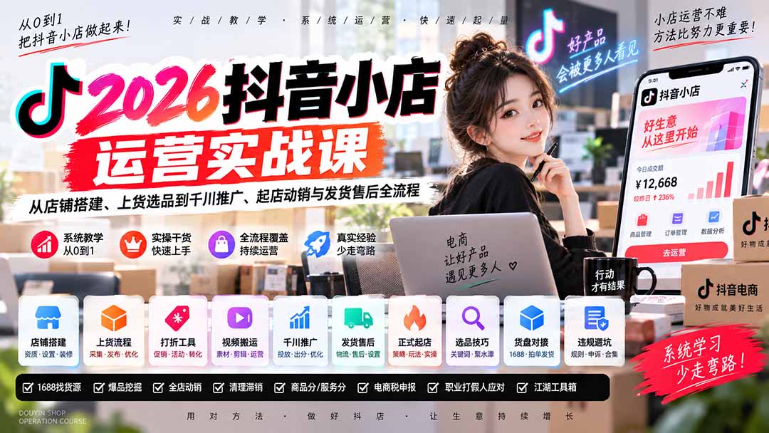 2026抖音小店运营实战课｜从店铺搭建、上货选品到千川推广、起店动销与发货售后全流程 - 福创网