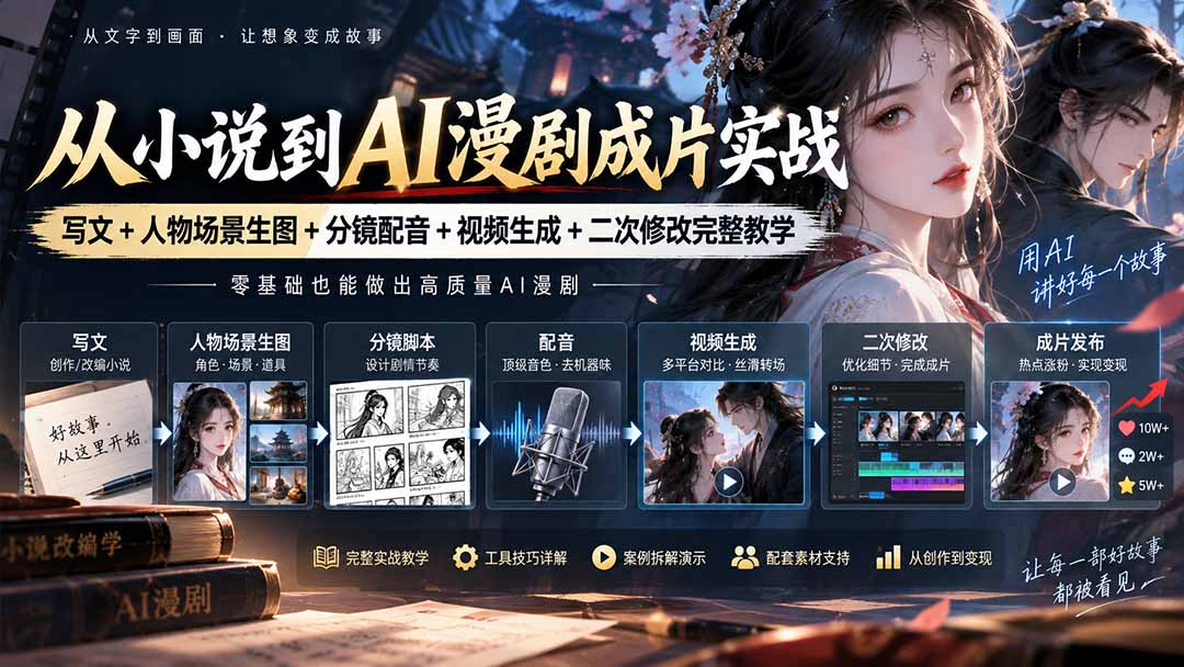 从小说到AI漫剧成片实战：写文+人物场景生图+分镜配音+视频生成+二次修改完整教学 - 福创网