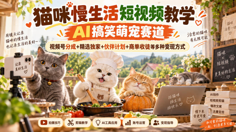 猫咪慢生活短视频教学，AI搞笑萌宠赛道，视频号分成+精选独家+伙伴计划+商单收徒等多种变现方式 - 福创网