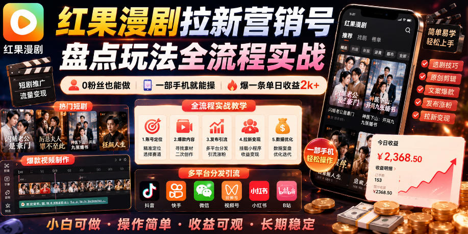 红果漫剧拉新营销号盘点玩法全流程实战，0粉丝也能做，一部手机就能做，爆一条单日收益2k+(更新0922) - 福创网