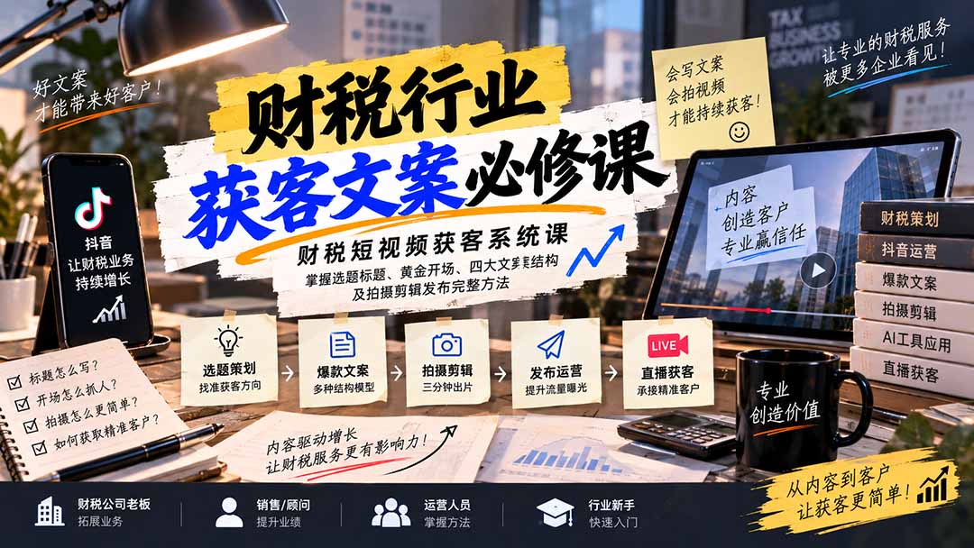 财税短视频获客系统课：掌握选题标题、黄金开场、四大文案结构及拍摄剪辑发布完整方法 - 福创网