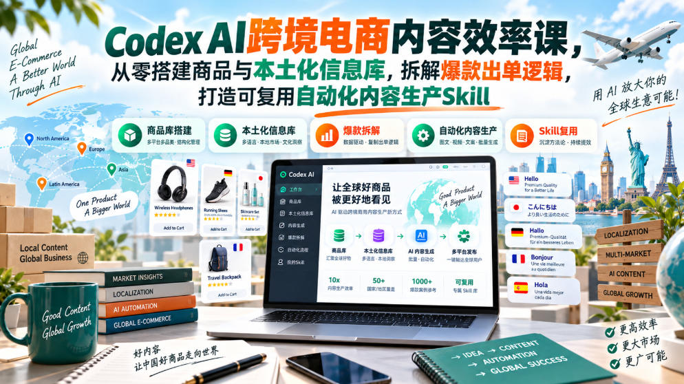 Codex AI跨境电商内容效率课，从零搭建商品与本土化信息库，拆解爆款出单逻辑，打造可复用自动化内容生产Skill - 福创网