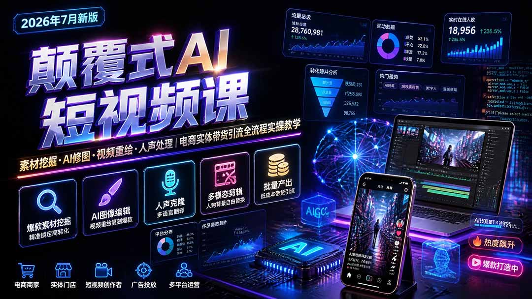 颠覆式AI短视频课-更新｜素材挖掘，AI修图，视频重绘，人声处理｜电商实体带货引流全流程实操教学 - 福创网