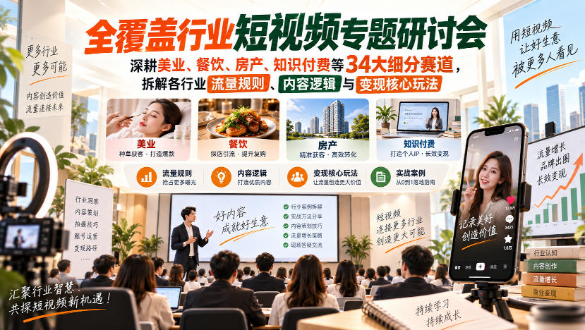 短视频专题研讨会，深耕美业、餐饮、房产、知识付费等34大细分赛道，拆解各行业流量规则、内容逻辑与变现核心玩法 - 福创网