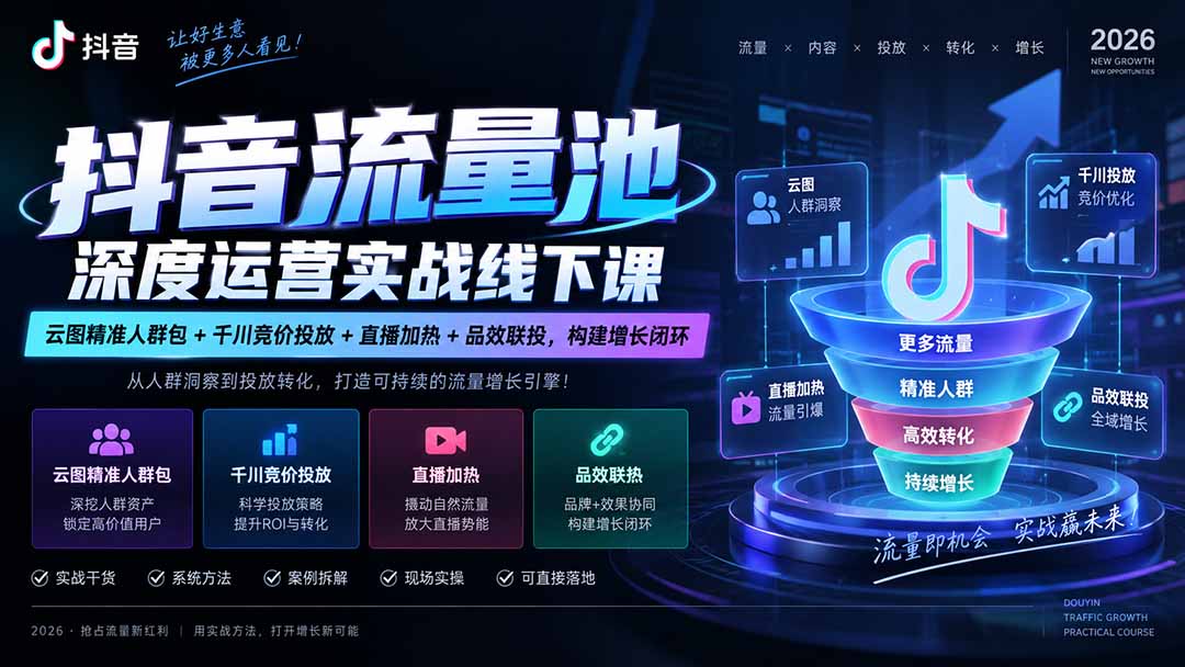抖音流量池深度运营实战线下课｜云图精准人群包+千川竞价投放+直播加热+品效联投，构建增长闭环 - 福创网