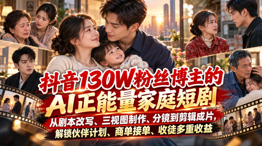 抖音130W粉丝博主的AI正能量家庭短剧，从剧本改写、三视图制作、分镜到剪辑成片，解锁伙伴计划、商单接单、收徒多重收益 - 福创网