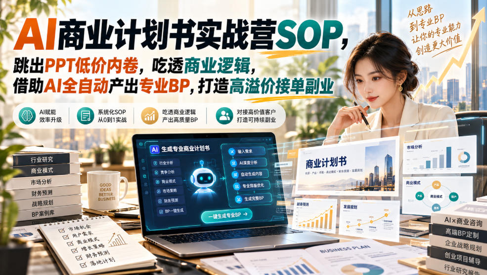 AI商业计划书实战营SOP，跳出PPT低价内卷，吃透商业逻辑，借助AI全自动产出专业BP，打造高溢价接单副业 - 福创网
