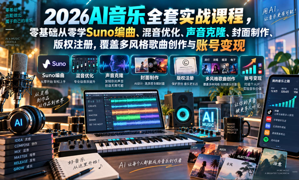 2026AI音乐实战课程，零基础从零学Suno编曲、混音优化、声音克隆、版权注册，覆盖多风格歌曲创作与账号变现(更新0924) - 福创网