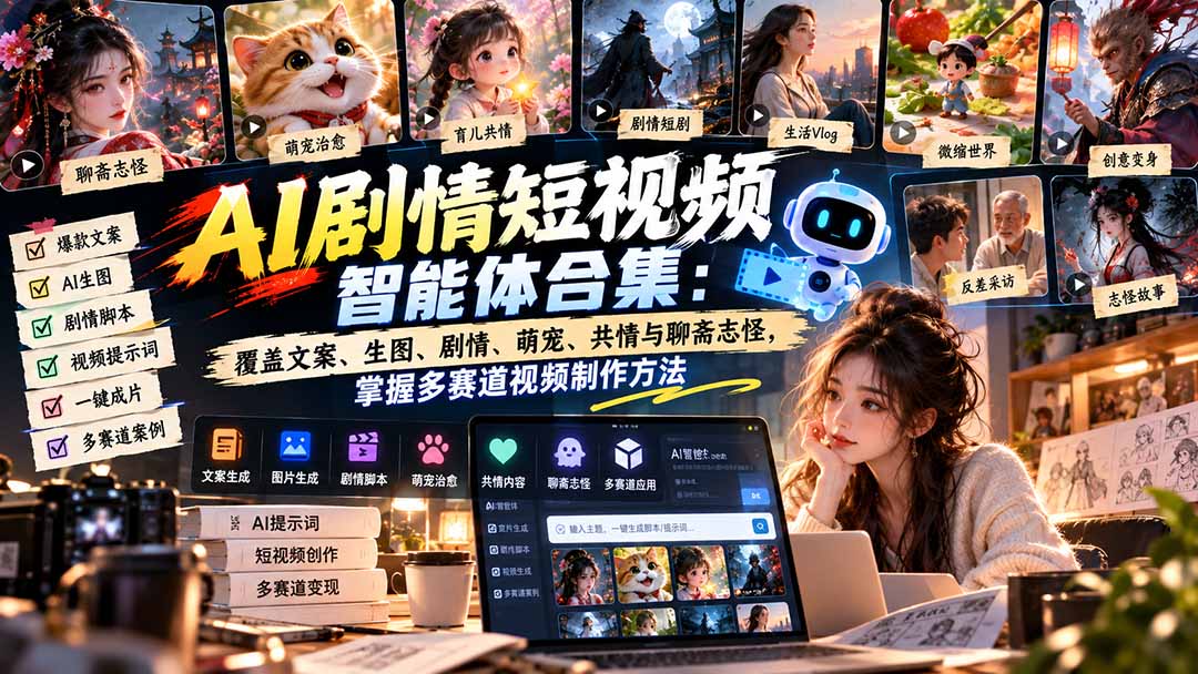 【无水印】AI剧情短视频智能体合集：覆盖文案、生图、剧情、萌宠、共情与聊斋志怪，掌握多赛道视频制作方法 - 福创网