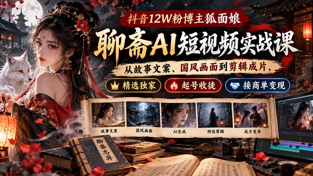 抖音12W粉博主狐面娘-聊斋AI短视频实战课：从故事文案、国风画面到剪辑成片，精选独家+起号收徒+接商单变现 - 福创网