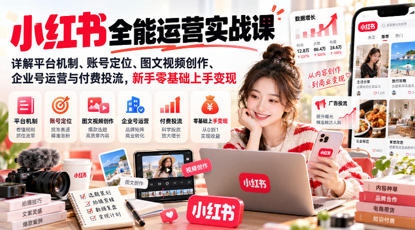 小红书全能运营实战课，详解平台机制、账号定位、图文视频创作、企业号运营与付费投流，新手零基础上手变现 - 福创网