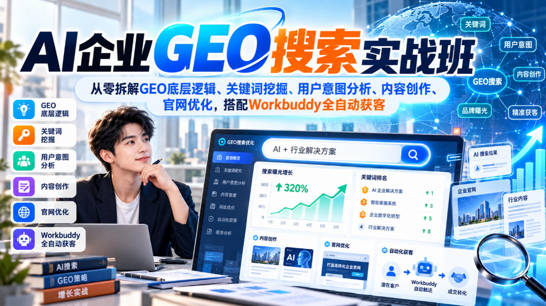 AI企业GEO搜索实战班，从零拆解GEO底层逻辑、关键词挖掘、用户意图分析、内容创作、官网优化，搭配Workbuddy全自动获客 - 福创网