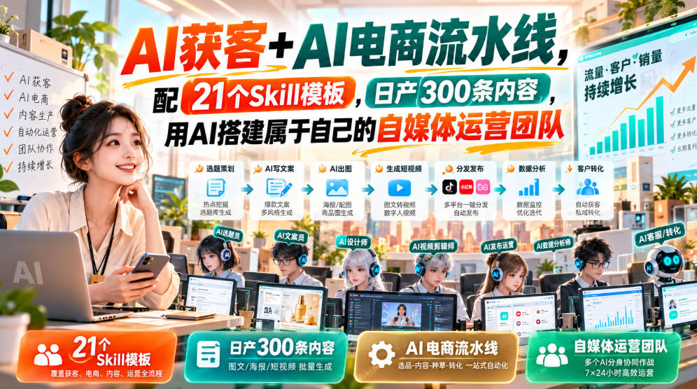 AI获客+AI电商流水线，配21个Skill模板，日产300条内容，用AI搭建属于自己的自媒体运营团队 - 福创网