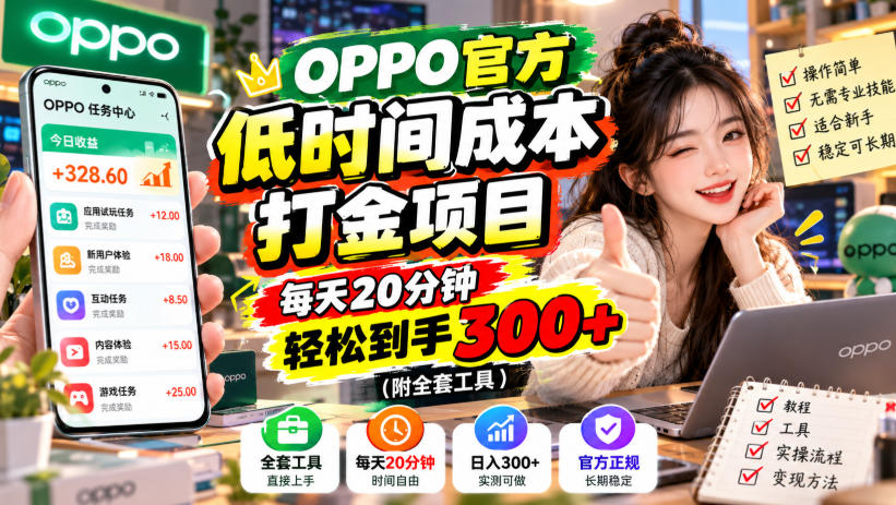 OPPO官方低时间成本打金项目，每天20分钟，轻松到手300+(附全套工具)【揭秘】 - 福创网