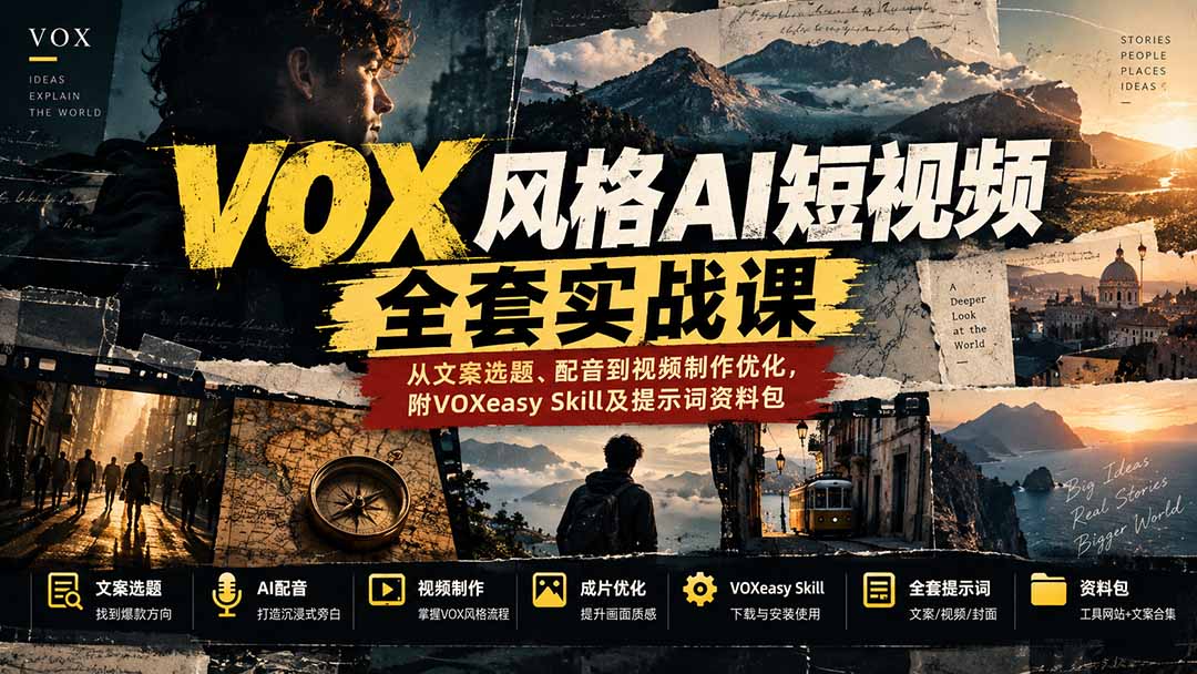 【无水印】VOX风格AI短视频全套实战课：从文案选题、配音到视频制作优化，附VOXeasy Skill及提示词资料包 - 福创网
