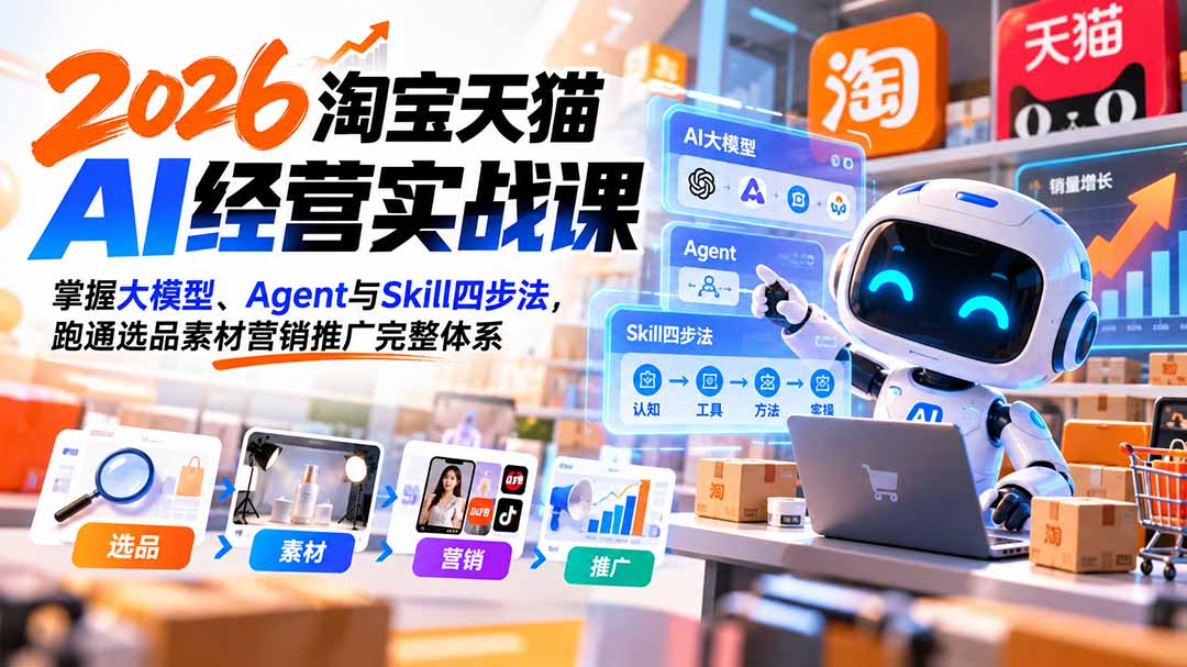 【无水印】2026淘宝天猫AI经营实战课：掌握大模型、Agent与Skill四步法，跑通选品素材营销推广完整体系 - 福创网