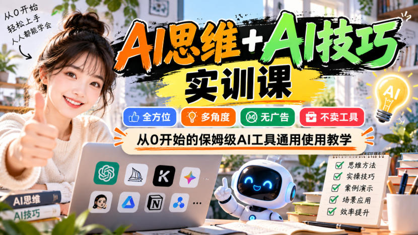 【无水印】AI思维+AI技巧实训课，全方位、多角度、无广告、不卖工具，从0开始的保姆级AI工具通用使用教学 - 福创网