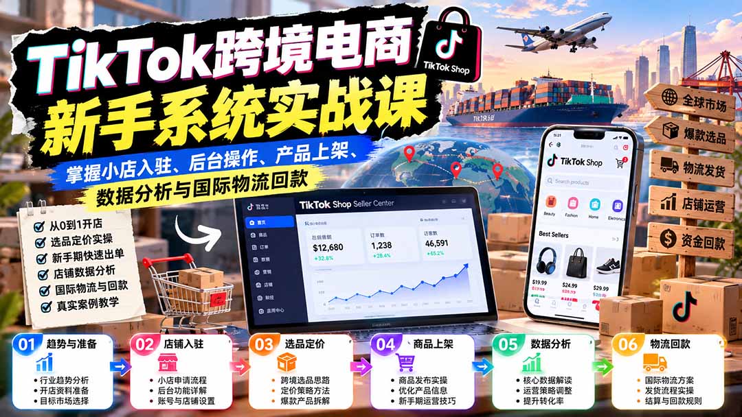 TikTok跨境电商新手从零到一实战教程：搞定小店入驻、后台操作、产品上架、数据分析及国际物流回款全流程 - 福创网