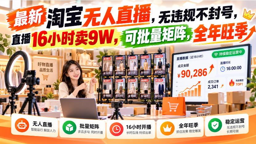 最新淘宝无人直播，无违规不封号，直播16小时卖9W，可批量矩阵，全年旺季【揭秘】 - 福创网