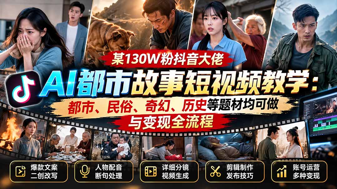 某130W粉抖音大佬AI都市故事短视频教学：都市、民俗、奇幻、历史等题材均可做与变现全流程 - 福创网