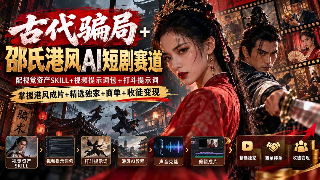 古代骗局+邵氏港风AI短剧赛道：配视觉资产SKILL+视频提示词包+打斗提示词，掌握港风成片+精选独家+商单+收徒变现 - 福创网
