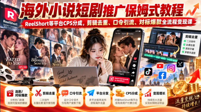 海外小说短剧推广保姆式教程｜ReelShort等平台CPS分成，剪辑去重、口令引流、对标爆款全流程变现课 - 福创网