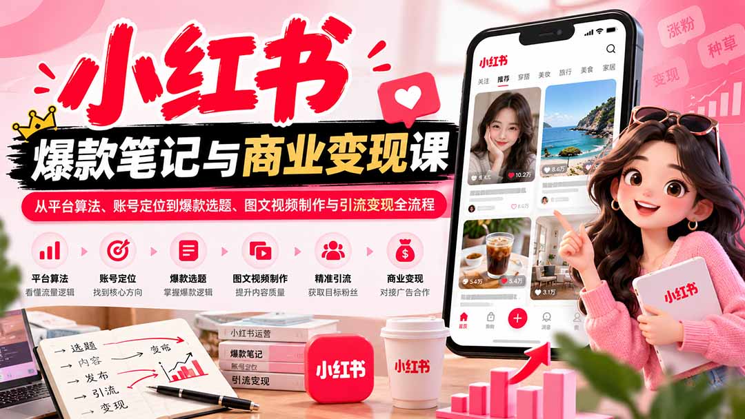 2026小红书爆款笔记与商业变现课：从平台算法、账号定位到爆款选题、图文视频制作与引流变现全流程 - 福创网