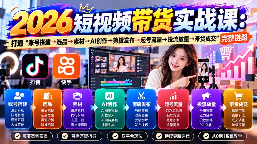 2026短视频带货实战课9月：打通“账号搭建→选品→素材→AI创作→剪辑发布→起号流量→投流放量→带货成交”完整链路 - 福创网