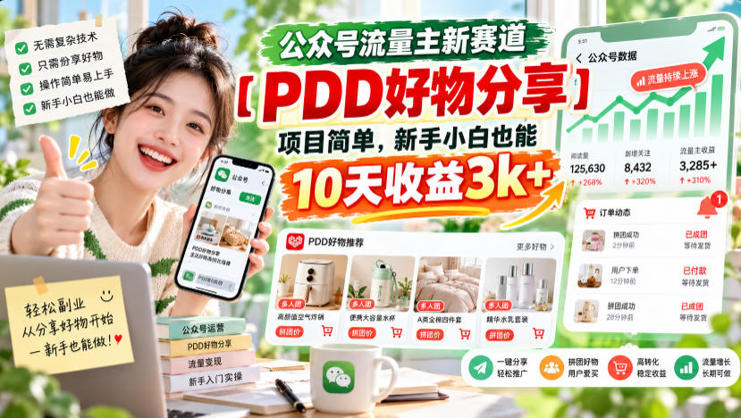 公众号流量主新赛道【PDD好物分享】，项目简单，新手小白也能10天收益3k+ - 福创网