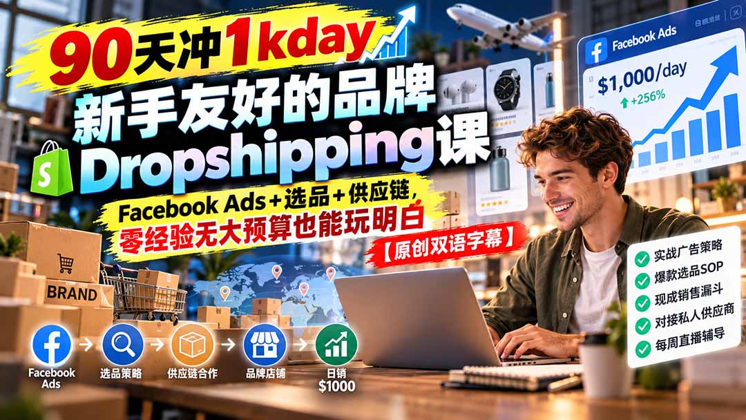 90天冲1kday 新手友好的品牌Dropshipping课：Facebook Ads+选品+供应链，零经验无大预算也能玩明白【原创双语字幕】 - 福创网