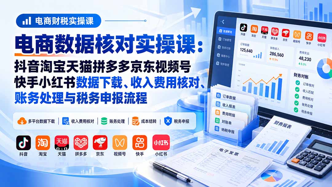 电商数据核账实操课：抖音淘宝天猫拼多多京东视频号快手小红书数据下载、收入费用核对、账务处理与税务申报流程 - 福创网
