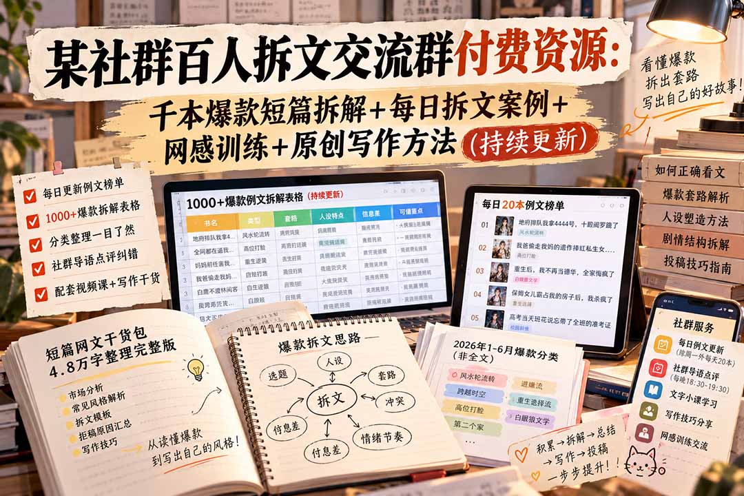 某社群百人拆文交流群付费资源-更新0929：千本爆款短篇拆解+每日拆文案例+网感训练+原创写作方法 - 福创网