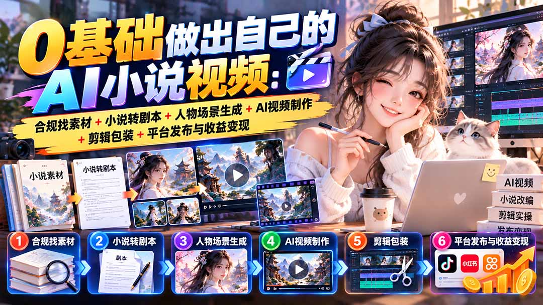 0基础做出自己的AI小说视频：合规找素材+小说转剧本+人物场景生成+AI视频制作+剪辑包装+平台发布与收益变现 - 福创网