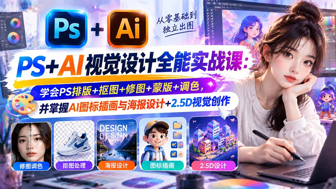 【无水印】PS+AI视觉设计全能实战课：学会PS排版+抠图+修图+蒙版+调色，并掌握AI图标插画与海报设计+2.5D视觉创作 - 福创网