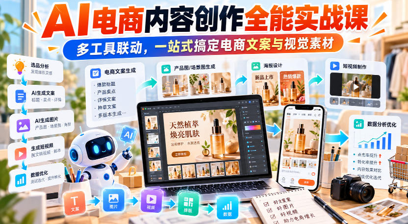 【无水印】AI电商内容创作全能实战课｜多工具联动，一站式搞定电商文案与视觉素材 - 福创网
