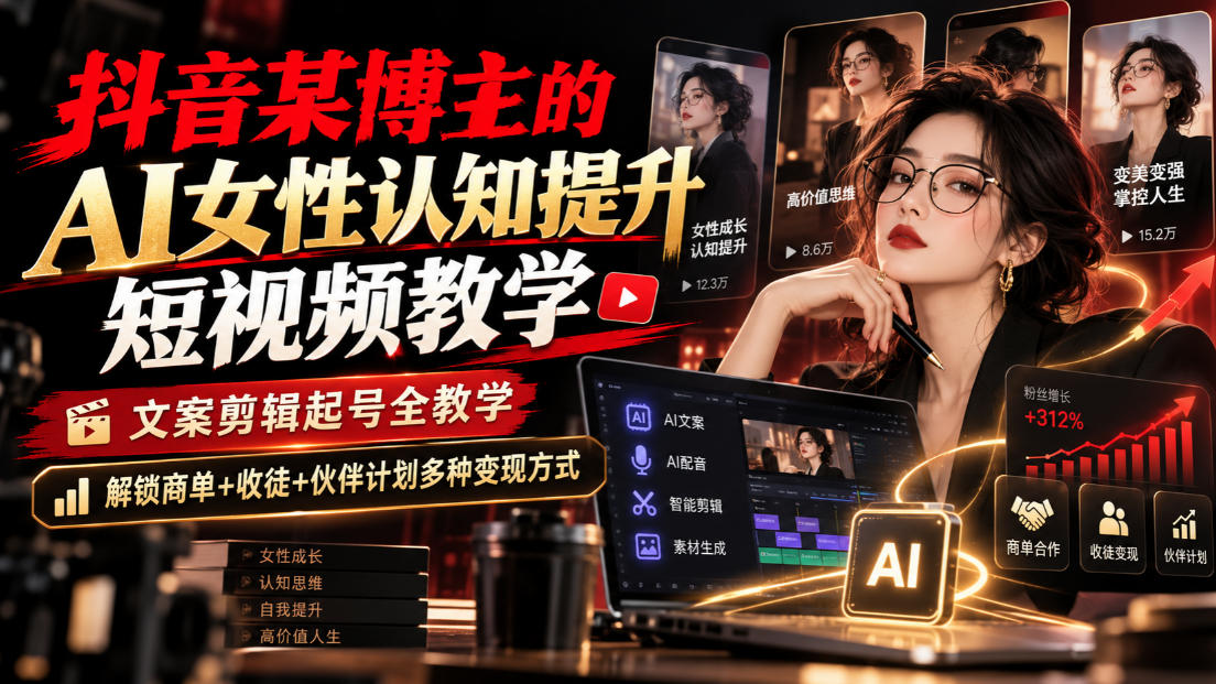 抖音某博主的Ai女性认知提升短视频教学，文案剪辑起号全教学，解锁商单+收徒+伙伴计划多种变现方式 - 福创网
