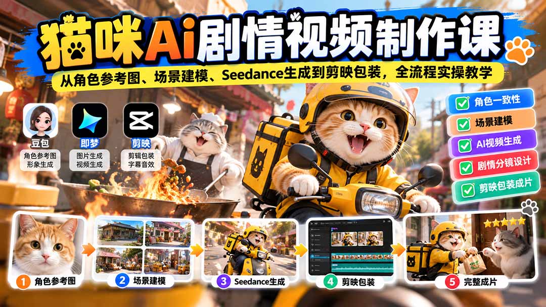 猫咪AI剧情视频制作课：从角色参考图、场景建模、Seedance生成到剪映包装，全流程实操教学 - 福创网