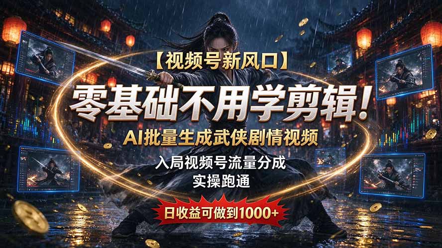 【视频号新风口】零基础不用学剪辑！AI 批量生成武侠剧情视频，入局视频号流量分成，实操跑通，日收益可做到 1000+ - 福创网