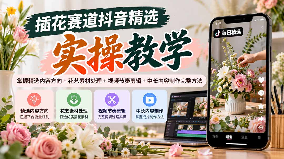 插花赛道抖音精选实操教学：掌握精选内容方向+花艺素材处理+视频节奏剪辑+中长内容制作完整方法 - 福创网
