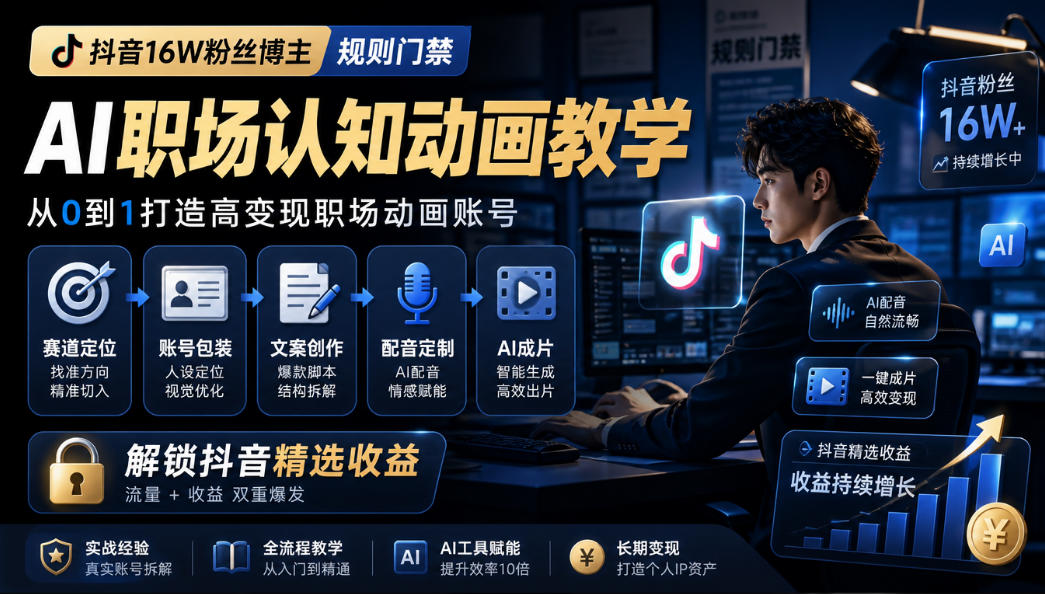 抖音16W粉丝博主规则门禁的AI职场认知动画教学，从赛道定位、账号包装，到文案创作、配音定制、AI成片，解锁抖音精选收益 - 福创网