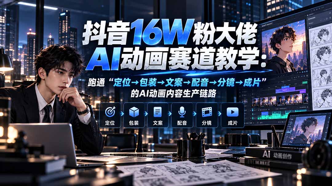 抖音16W粉大佬规则门禁AI动画赛道教学：跑通“定位→包装→文案→配音→分镜→成片”的AI动画内容生产链路 - 福创网
