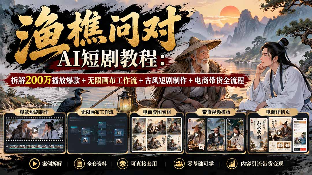 【无水印】渔樵问对AI短剧教程：拆解200万播放爆款+无限画布工作流+古风短剧制作+电商带货全流程 - 福创网