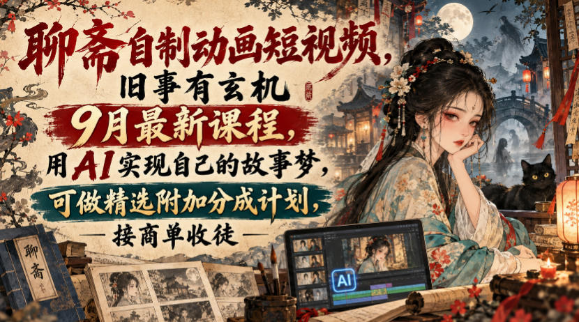 聊斋自制动画短视频，旧事有玄机9月最新课程，用AI实现自己的故事梦，可做精选附加分成计划，接商单收徒 - 福创网